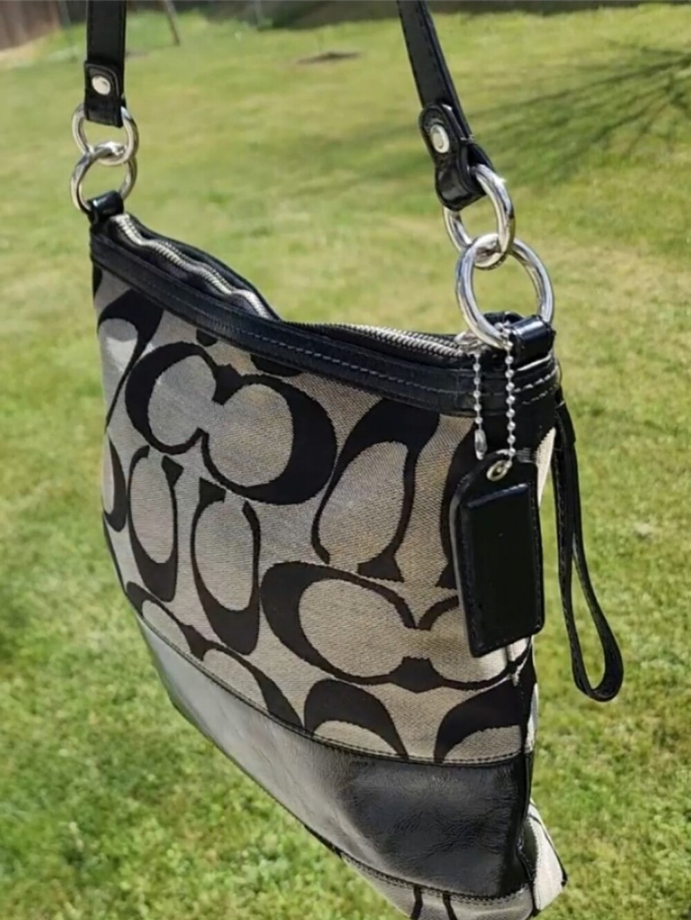 Coach EUC! Signature Stripe Black and Gray Shoulder/Hobo Bag
